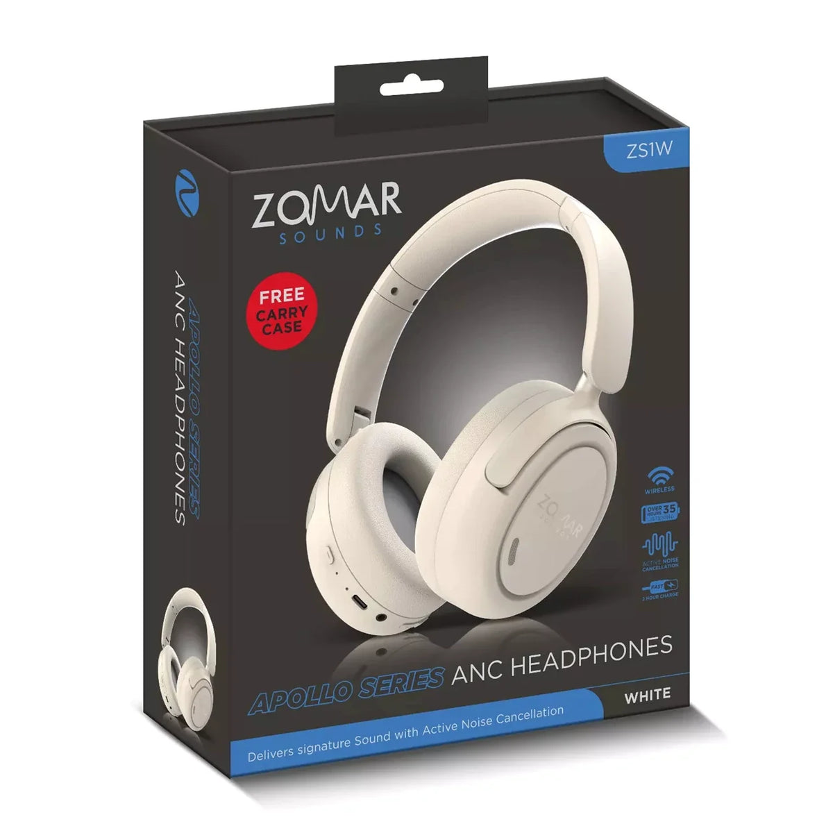 Zomar Sounds Apollo White Active Noise Cancelling Bluetooth Headphones [Accessories]