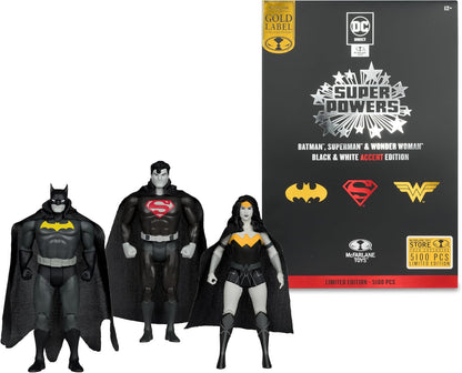 DC Super Powers Trinity Pack 4 Inch Action Figure Exclusive - Batman, Superman & Wonder Woman Black & White Accent Edition Gold Label